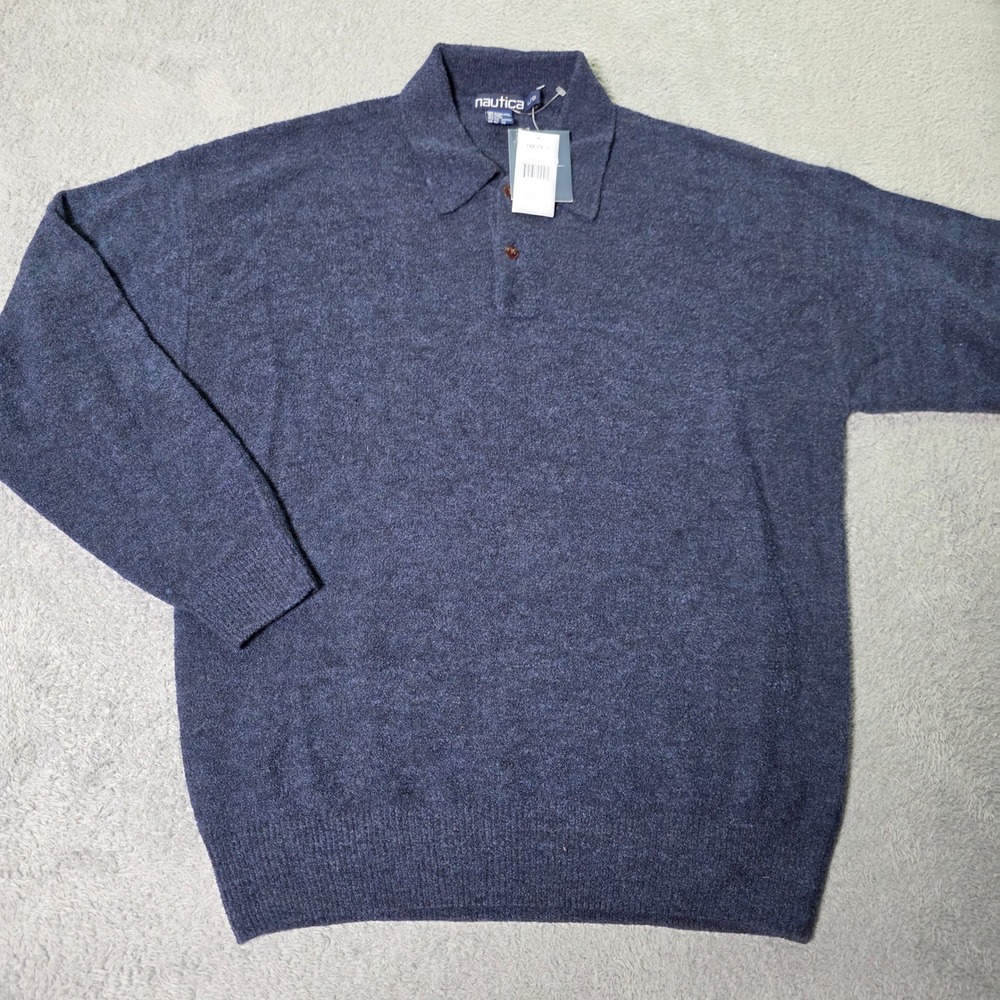 Nautica Mens L Sweater Navy Blue Wool Blend Long Sleeve Polo S83412 Vintage NWT